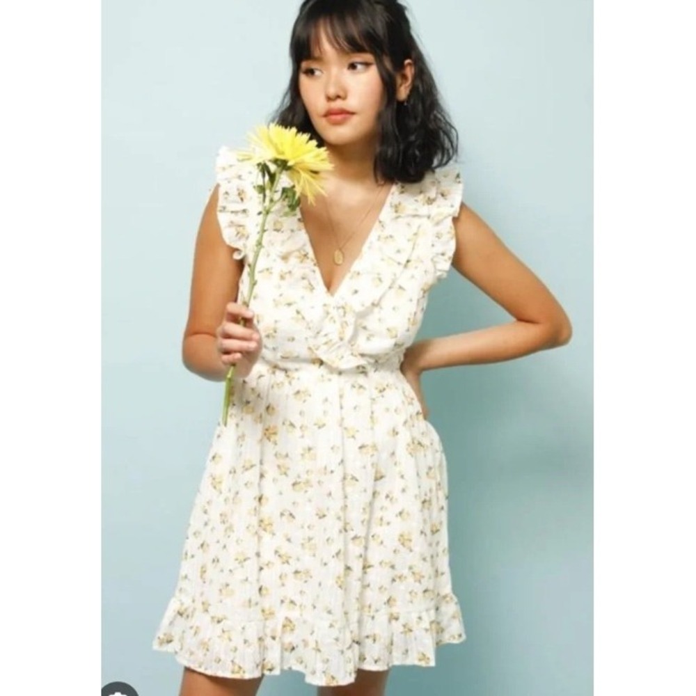 Storia Floral Ruffle Mini Dress White Yellow Small Sundress Summer Feminine